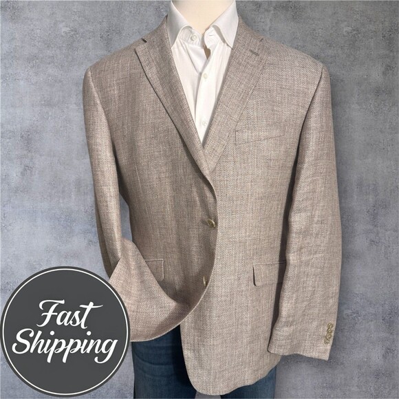 JOS A BANK Tailored fit Linen Mens Blazer 46R Sport Coat 2-Button Jacket Beige - Picture 1 of 14